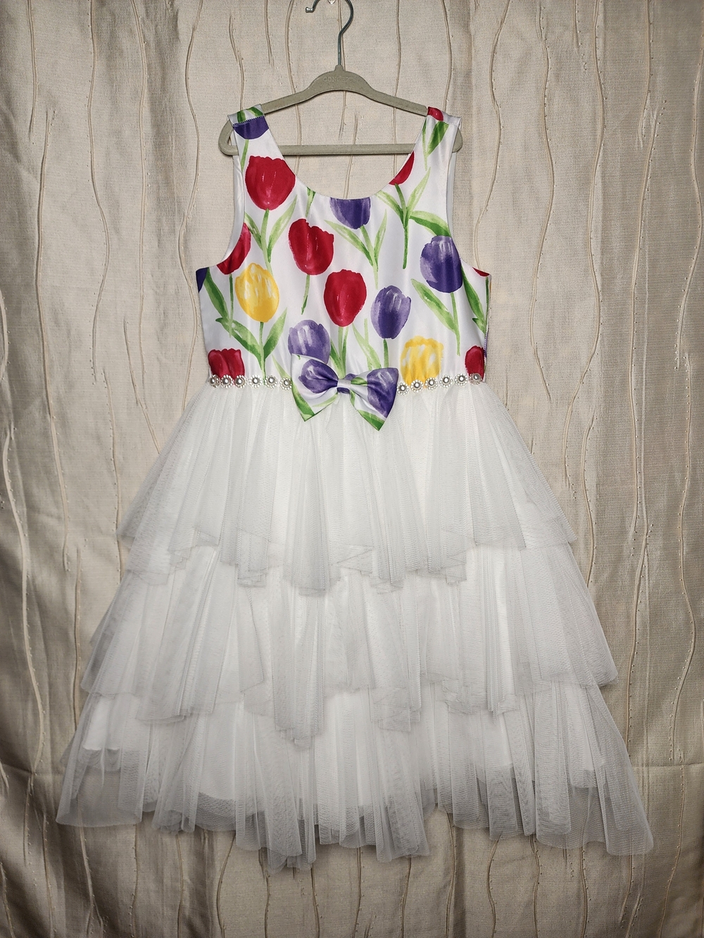 American Princess White Tulle Dress with Red, Purple & Yellow Tulips